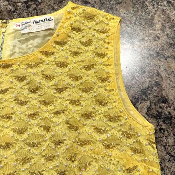 Vintage Tank Top Beaded Lace Mod 60s 70s Cocktail Embellished Retro Yellow 34 2 - Picture 3 of 6